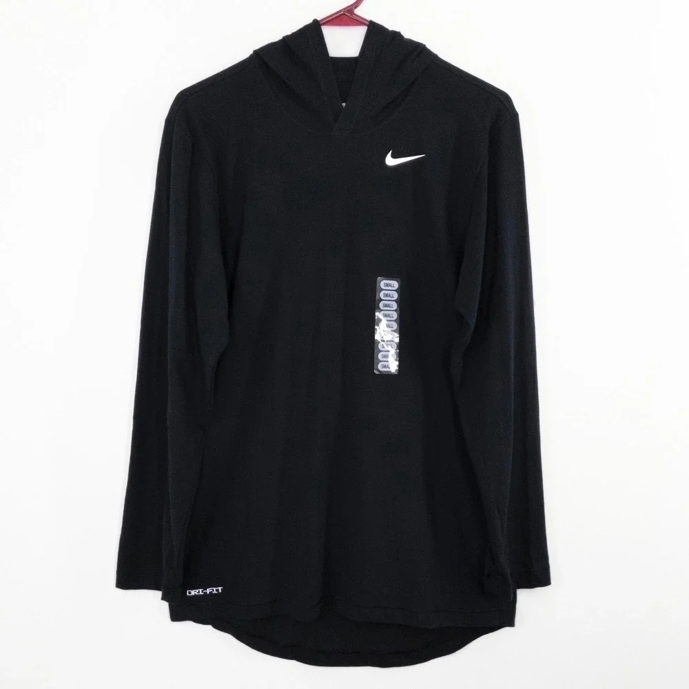 Nike Dri Fit Hoodie Shirt Men's Small Black‎ White Swoosh Long Sleeve NWT